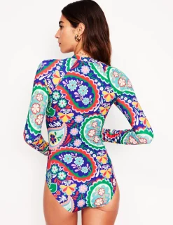 Swimwear-Boden Sporty Raglan Sleeve Swimsuit-Multi, Meadow Paisley Multi,MeadowPaisley