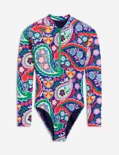 Swimwear-Boden Sporty Raglan Sleeve Swimsuit-Multi, Meadow Paisley Multi,MeadowPaisley