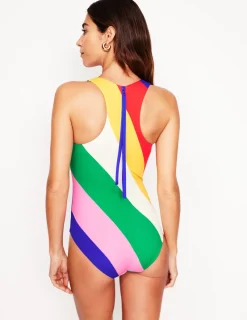 Swimwear-Boden Sporty Zip Back Swimsuit-Multi, Rainbow Cascade Multi,RainbowCascade
