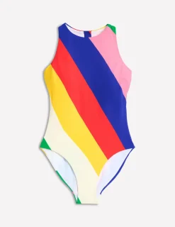 Swimwear-Boden Sporty Zip Back Swimsuit-Multi, Rainbow Cascade Multi,RainbowCascade