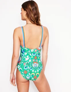 Swimwear-Boden Stripe Trim Swimsuit-Green, Decorative Garden Green,DecorativeGarden