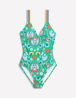Swimwear-Boden Stripe Trim Swimsuit-Green, Decorative Garden Green,DecorativeGarden