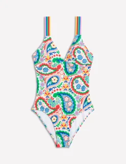 Swimwear-Boden Stripe Trim Swimsuit-Multi, Meadow Paisley Multi,MeadowPaisley