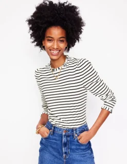 Tops & Blouses | T-Shirts & Tanks-Boden Supersoft Frill Detail Top-Ivory / Navy Stripe