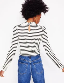 Tops & Blouses | T-Shirts & Tanks-Boden Supersoft Frill Detail Top-Ivory / Navy Stripe