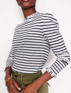 Tops & Blouses | T-Shirts & Tanks-Boden Supersoft Frill Detail Top-Ivory / Navy Stripe