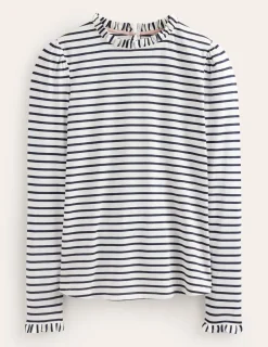 Tops & Blouses | T-Shirts & Tanks-Boden Supersoft Frill Detail Top-Ivory / Navy Stripe