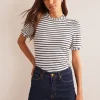 Nightwear & Lougewear | T-Shirts & Tanks-Boden Supersoft Frill Detail T-shirt-Ivory, Navy Stripe Ivory,NavyStripe
