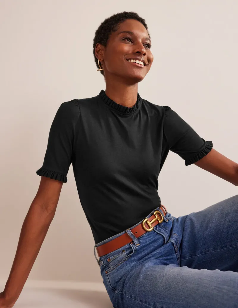 Nightwear & Lougewear | T-Shirts & Tanks-Boden Supersoft Frill Detail T-shirt- Black