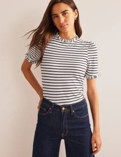 Nightwear & Lougewear | T-Shirts & Tanks-Boden Supersoft Frill Detail T-shirt-Ivory, Navy Stripe Ivory,NavyStripe