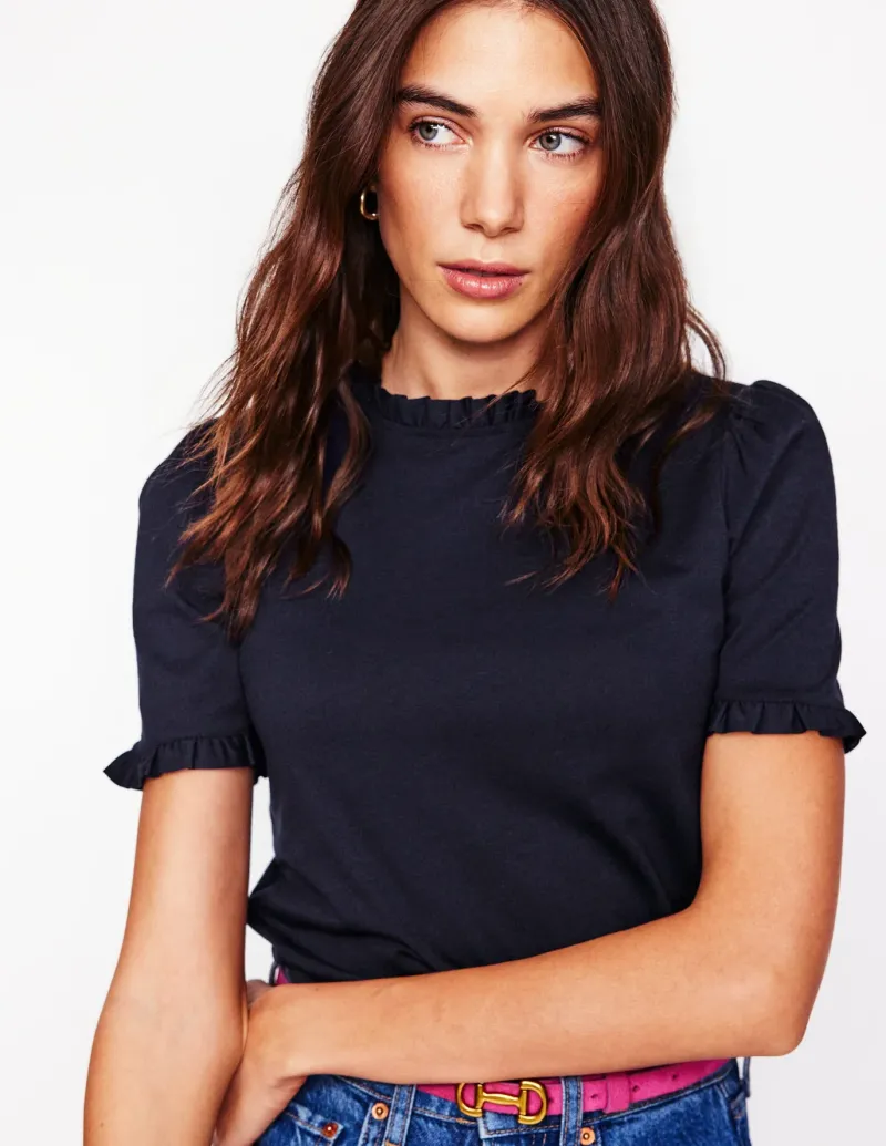 Nightwear & Lougewear | T-Shirts & Tanks-Boden Supersoft Frill Detail T-shirt- Navy