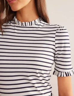 Nightwear & Lougewear | T-Shirts & Tanks-Boden Supersoft Frill Detail T-shirt-Ivory, Navy Stripe Ivory,NavyStripe