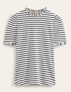 Nightwear & Lougewear | T-Shirts & Tanks-Boden Supersoft Frill Detail T-shirt-Ivory, Navy Stripe Ivory,NavyStripe