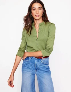 Tops & Blouses | T-Shirts & Tanks-Boden Supersoft Frill Henley Top-Larch Green LarchGreen