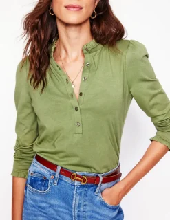 Tops & Blouses | T-Shirts & Tanks-Boden Supersoft Frill Henley Top-Larch Green LarchGreen