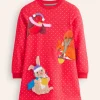 Dresses-Boden Sweatshirt Appliqué Dress-Rose Pink Pin Spot Animals RosePinkPinSpotAnimals