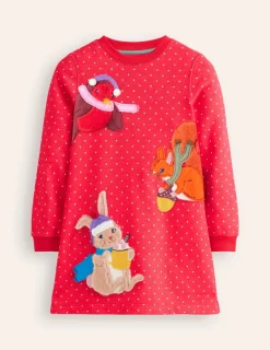 Dresses-Boden Sweatshirt Appliqué Dress-Rose Pink Pin Spot Animals RosePinkPinSpotAnimals
