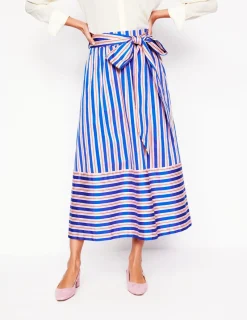 Skirts-Boden Tie Belt Sateen Midi Skirt-Blue and Terracotta Stripe BlueandTerracottaStripe