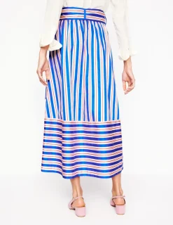 Skirts-Boden Tie Belt Sateen Midi Skirt-Blue and Terracotta Stripe BlueandTerracottaStripe