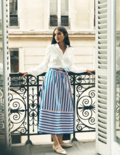 Skirts-Boden Tie Belt Sateen Midi Skirt-Blue and Terracotta Stripe BlueandTerracottaStripe