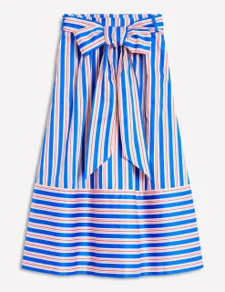Skirts-Boden Tie Belt Sateen Midi Skirt-Blue and Terracotta Stripe BlueandTerracottaStripe