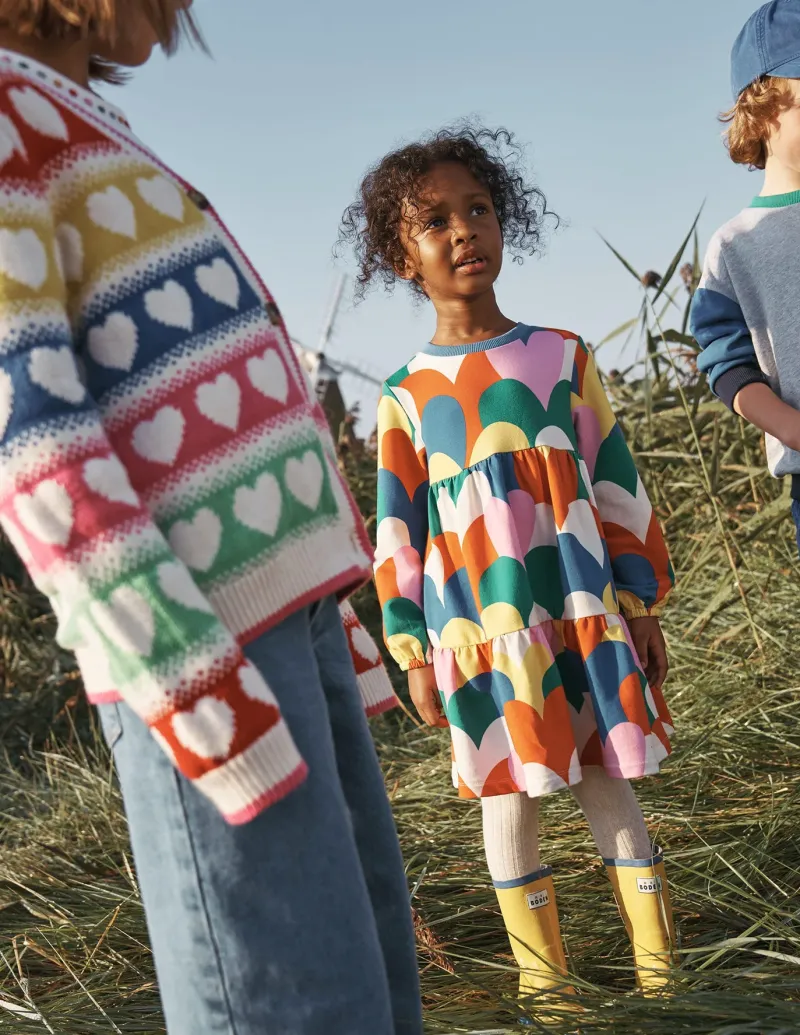 Dresses-Boden Tiered Sweatshirt Dress-Multi Collage Hearts MultiCollageHearts