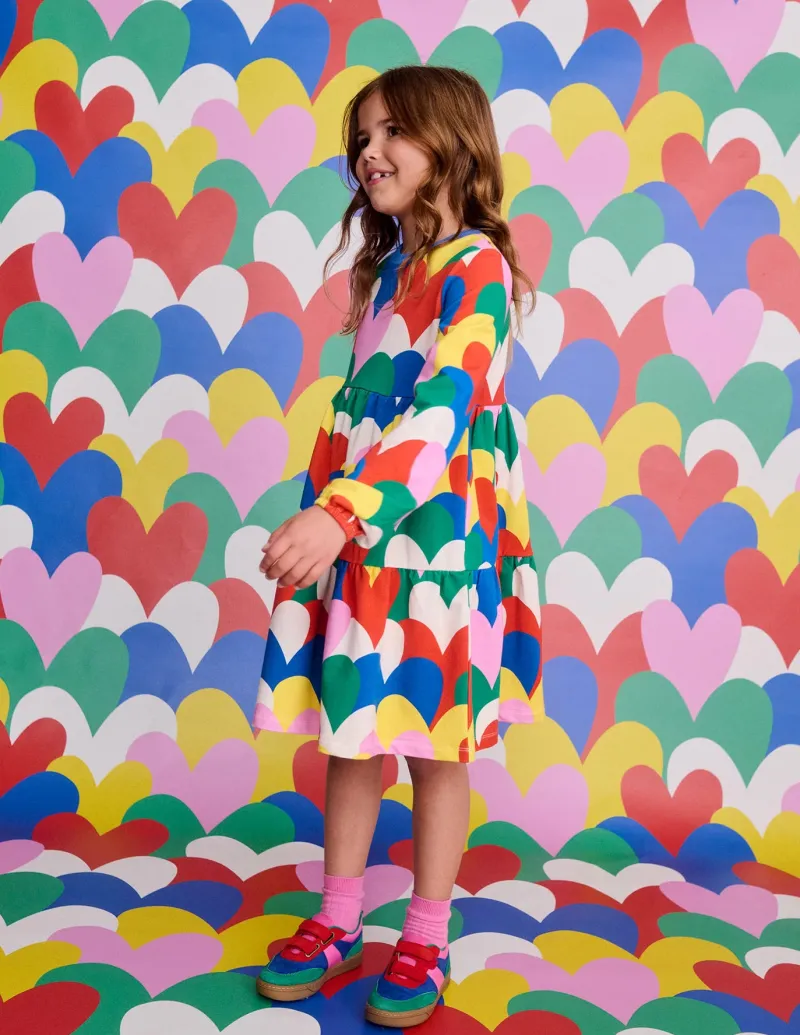 Dresses-Boden Tiered Sweatshirt Dress-Multi Collage Hearts MultiCollageHearts