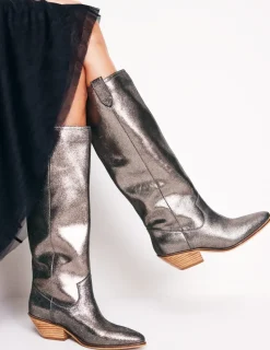 Boots | Heels-Boden Western Knee High Boots- Silver