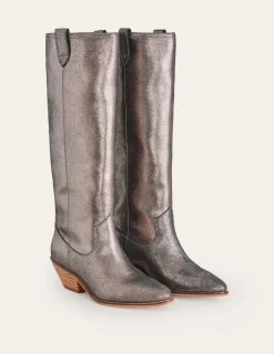 Boots | Heels-Boden Western Knee High Boots- Silver