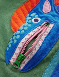 Tops, T-Shirts & Polos-Boden Zipper Applique T-Shirt-Newt Green Dinosaur NewtGreenDinosaur