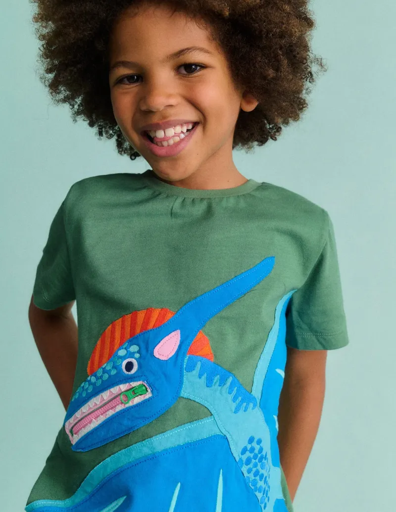 Tops, T-Shirts & Polos-Boden Zipper Applique T-Shirt-Newt Green Dinosaur NewtGreenDinosaur