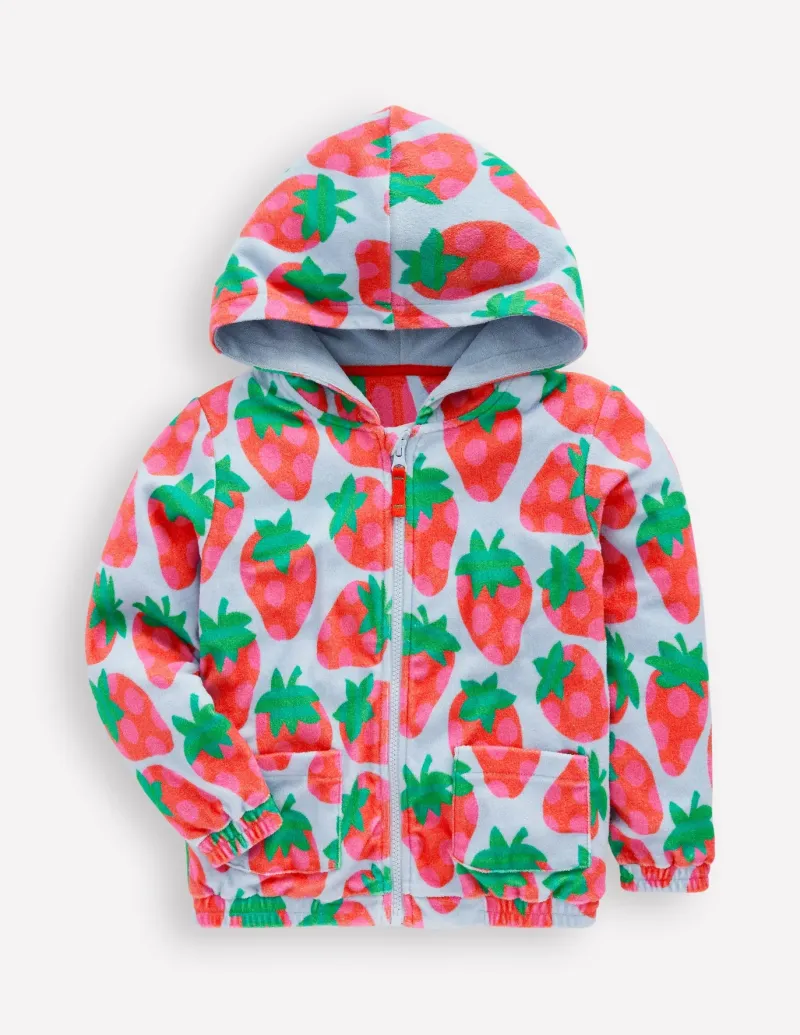 Sweatshirts & Hoodies | Tops & T-Shirts-Boden Zip-Through Towelling Hoodie-Misty Blue Strawberry MistyBlueStrawberry